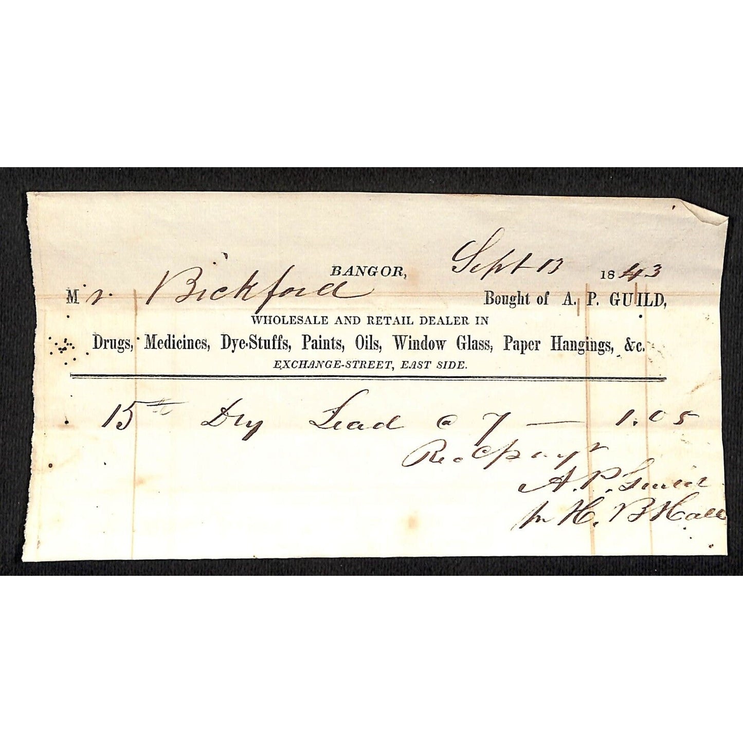 1843 Jabez Knowlton* / Bickford Newburgh, ME Gen Store A.P. Guild Receipt