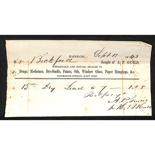 1843 Jabez Knowlton* / Bickford Newburgh, ME Gen Store A.P. Guild Receipt