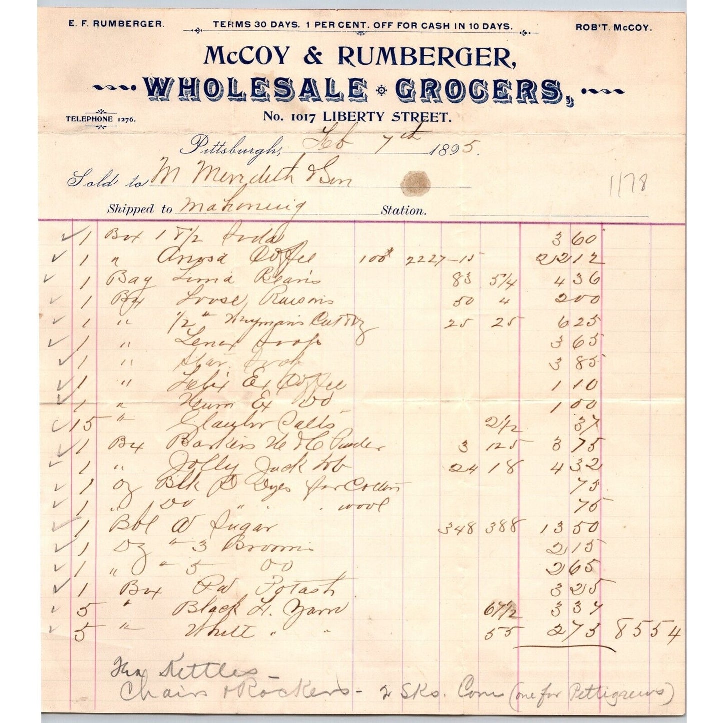 McCoy & Rumberger Grocers Liberty St. Pittsburgh 1895 Billhead Meredith & Son
