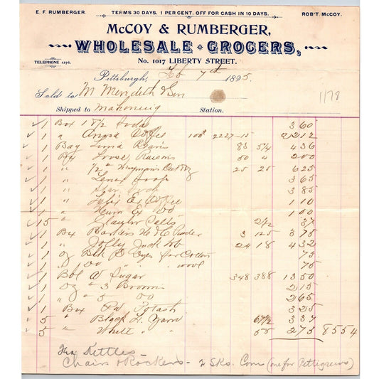 McCoy & Rumberger Grocers Liberty St. Pittsburgh 1895 Billhead Meredith & Son