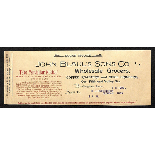 John Blaul's Sons Coffee Burlington, IA Hutchinson* 1/6 1904 Cut "Sugar Invoice"