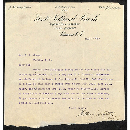 1902 First National Bank Shawnee OK Indian Territory Letterhead re: Subpoenas
