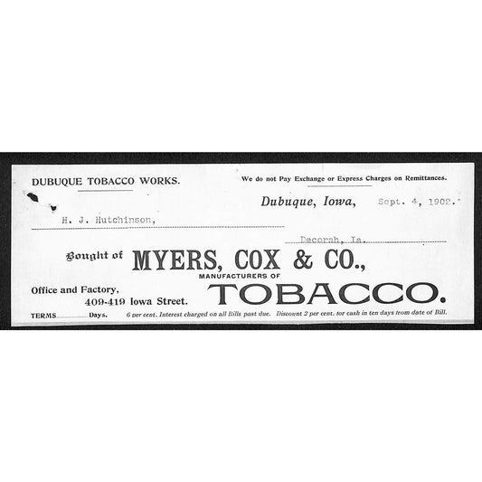 Myers, Cox & Co Dubuque Tobacco Works Hutchinson Decorah IA* Cut 1902 Billhead