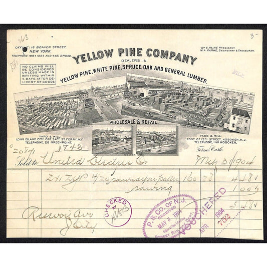 Yellow Pine Company Lumber Long Island City, NY 1904 Billhead Vignettes Scarce