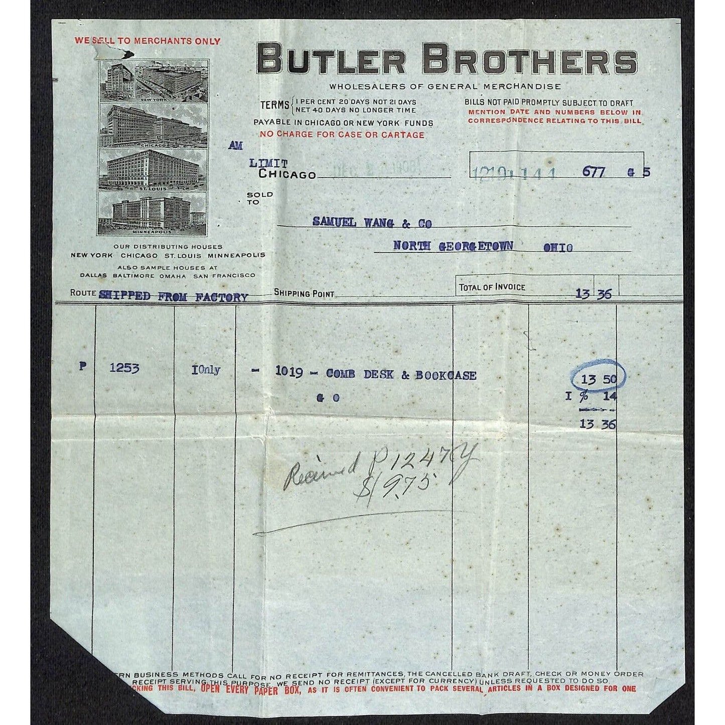 Butler Brothers Chicago Samuel Wang Co* N. Georgetown 1908-1909 Billhead & Cover