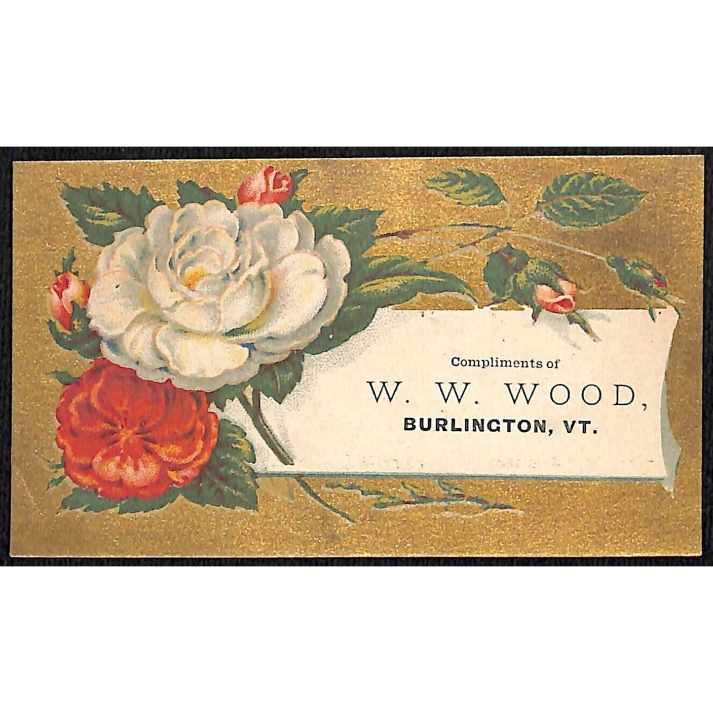 Burlington, VT W.W. Wood (Boots & Shoes) Victorian Trade Card VGC Floral / Gilt