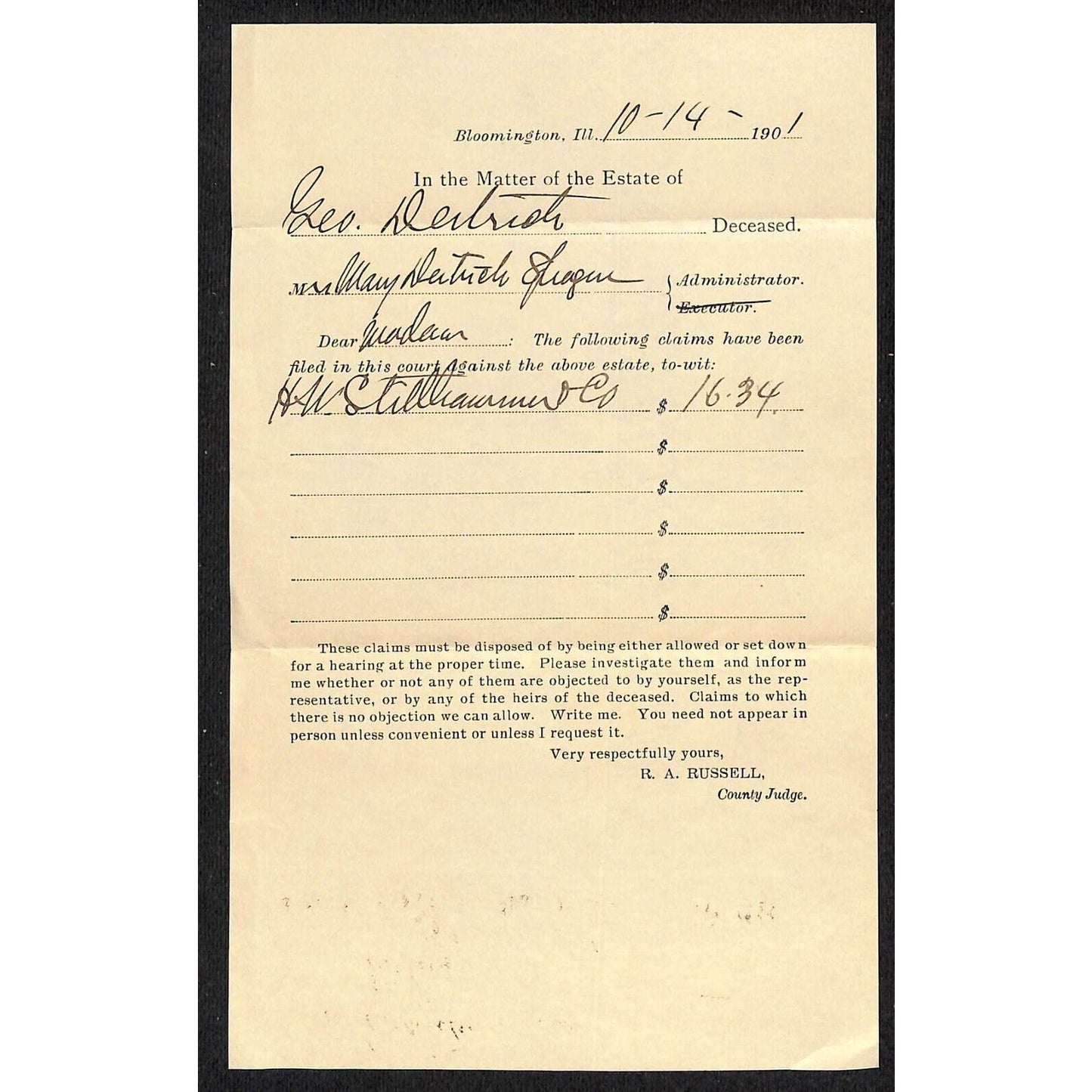 Ronald Russell County Judge Bloomington. IL 1901 Estate Claims Form
