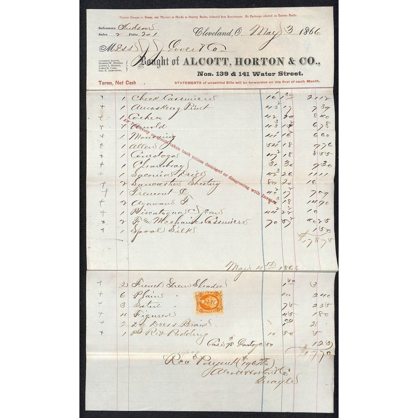 Alcott, Horton & Co. Dry Goods Cleveland 1866 Statement J.J. Cover* Scarce