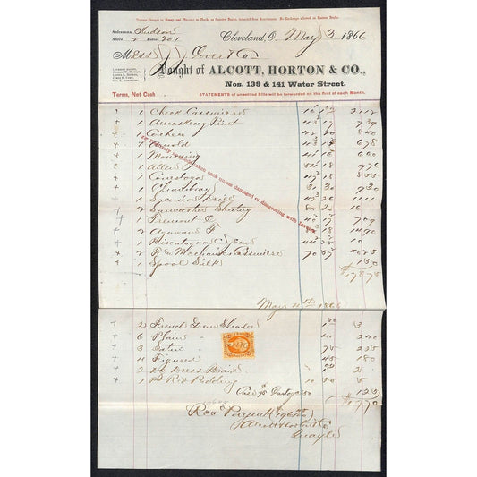 Alcott, Horton & Co. Dry Goods Cleveland 1866 Statement J.J. Cover* Scarce