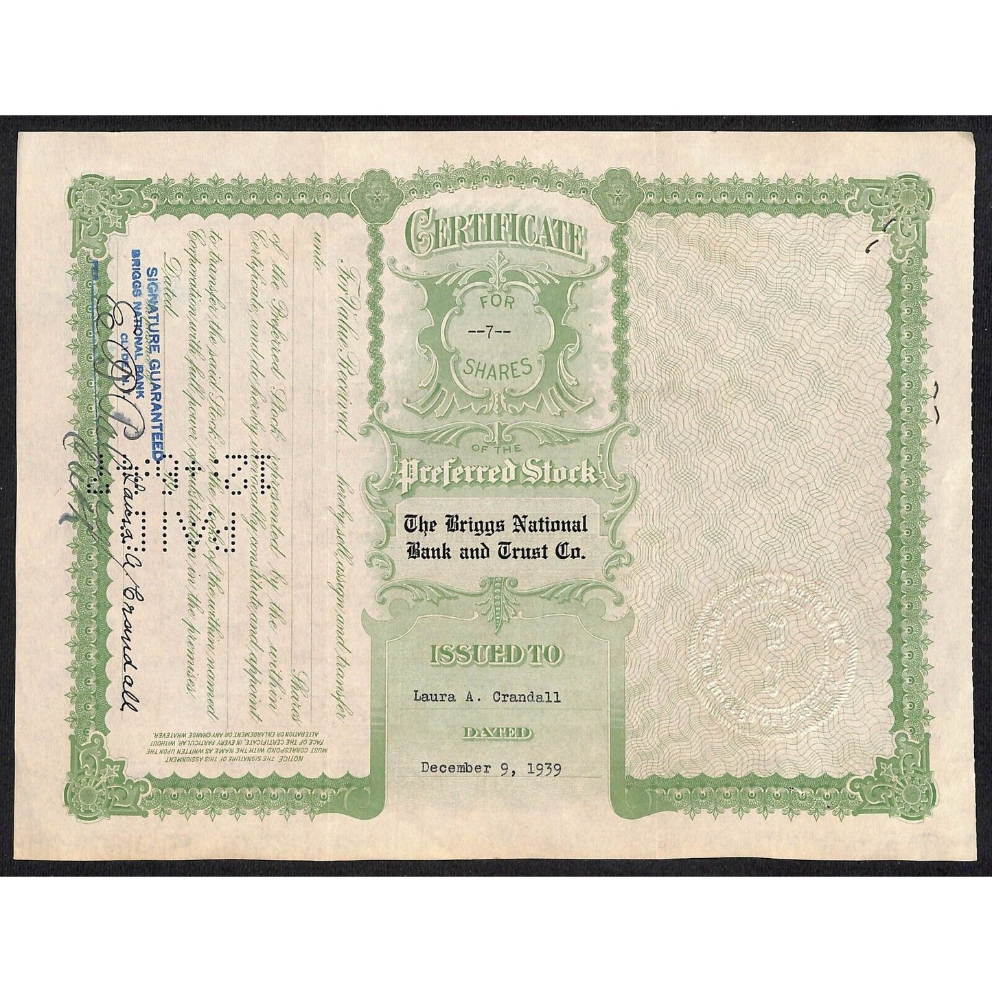 Briggs National Bank and Trust Clyde NY 1939 Stock Certificate Laura A. Crandall