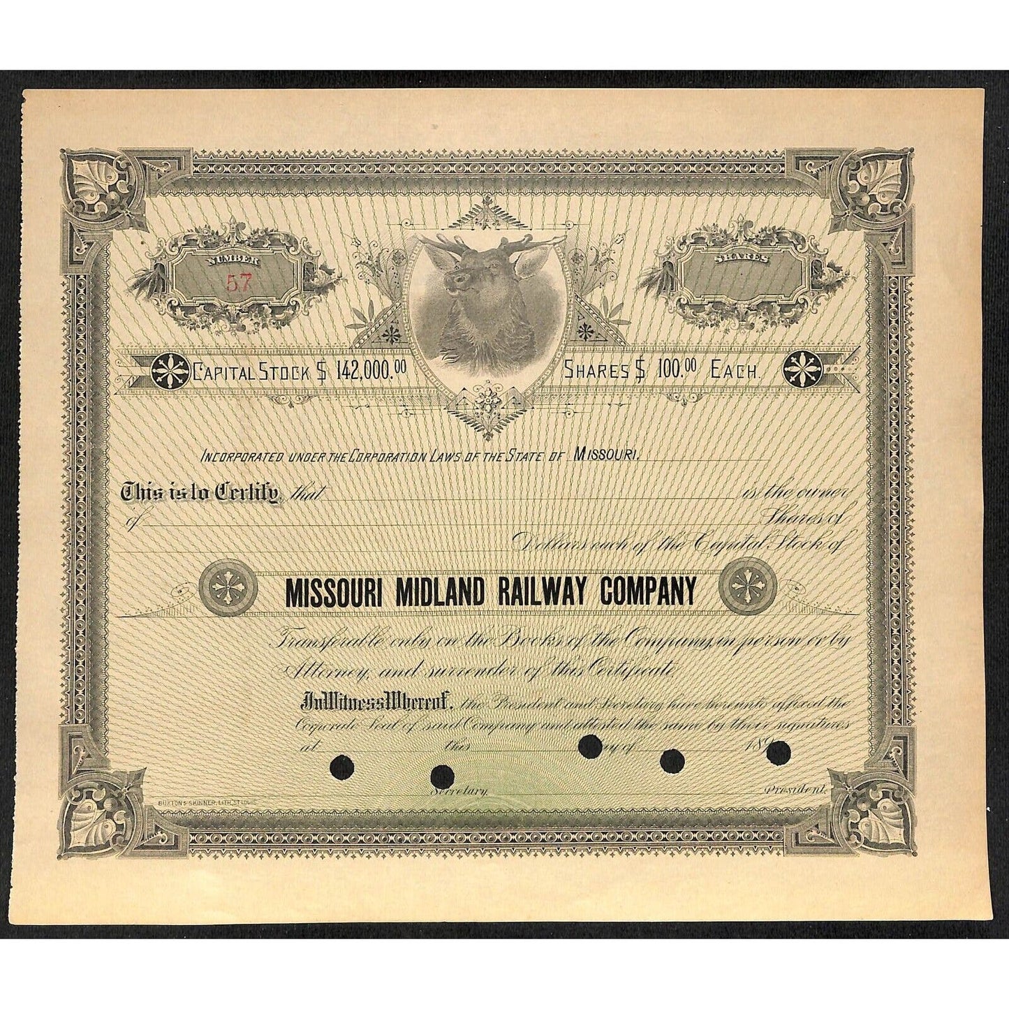 Missouri Midland Railway 1890's 189x Stock Certificate - Unissued VGC