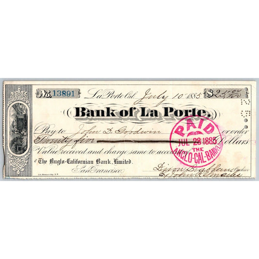 Bank of La Porte Check John D. Goodwin* (Judge ?) 1885 Mining Vignette #13891