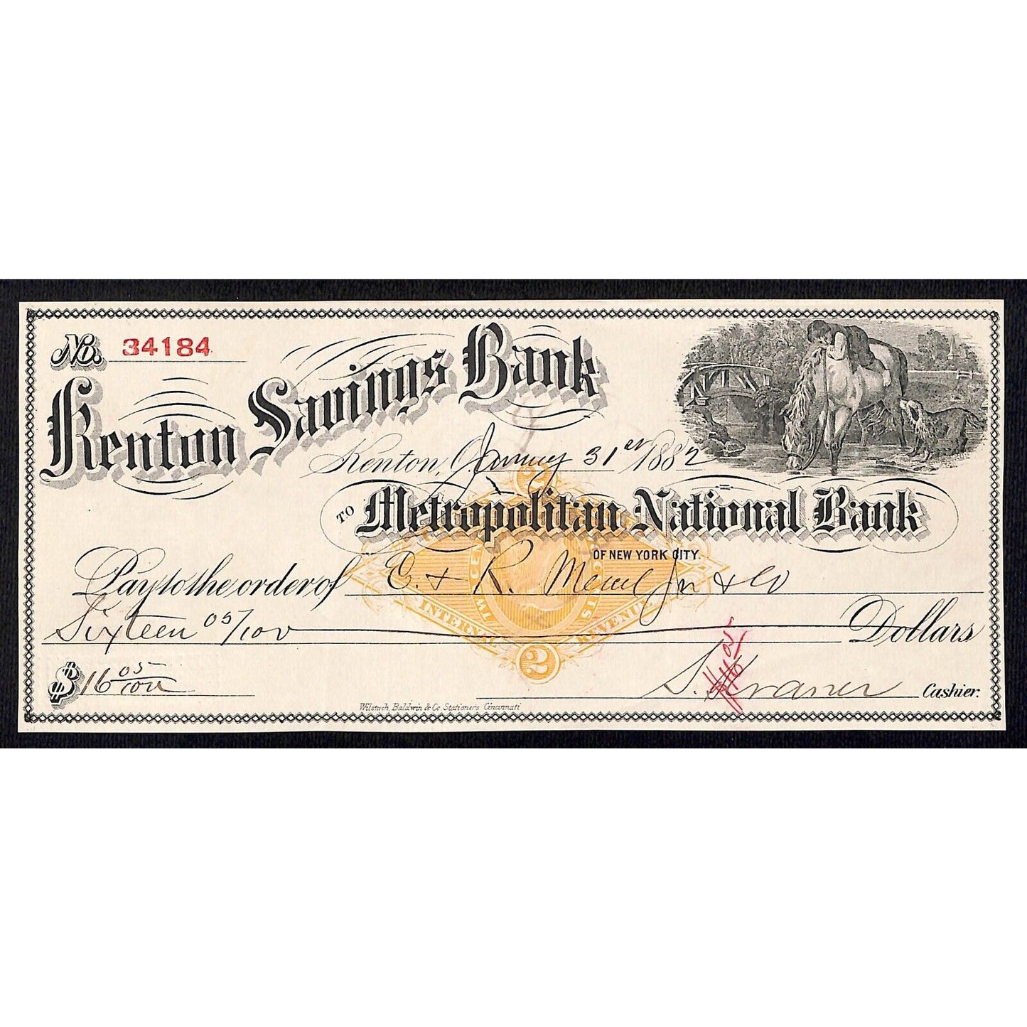 Kenton Savings Bank / Metropolitan Bank NYC 1882 Bank Check Child Naps on Horse