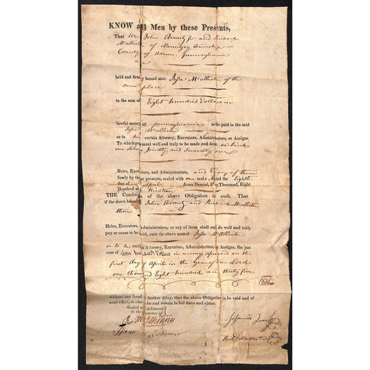 1819 $800 Mount Joy, PA Promissory Note John Arrentz to Jefre? Mcallister