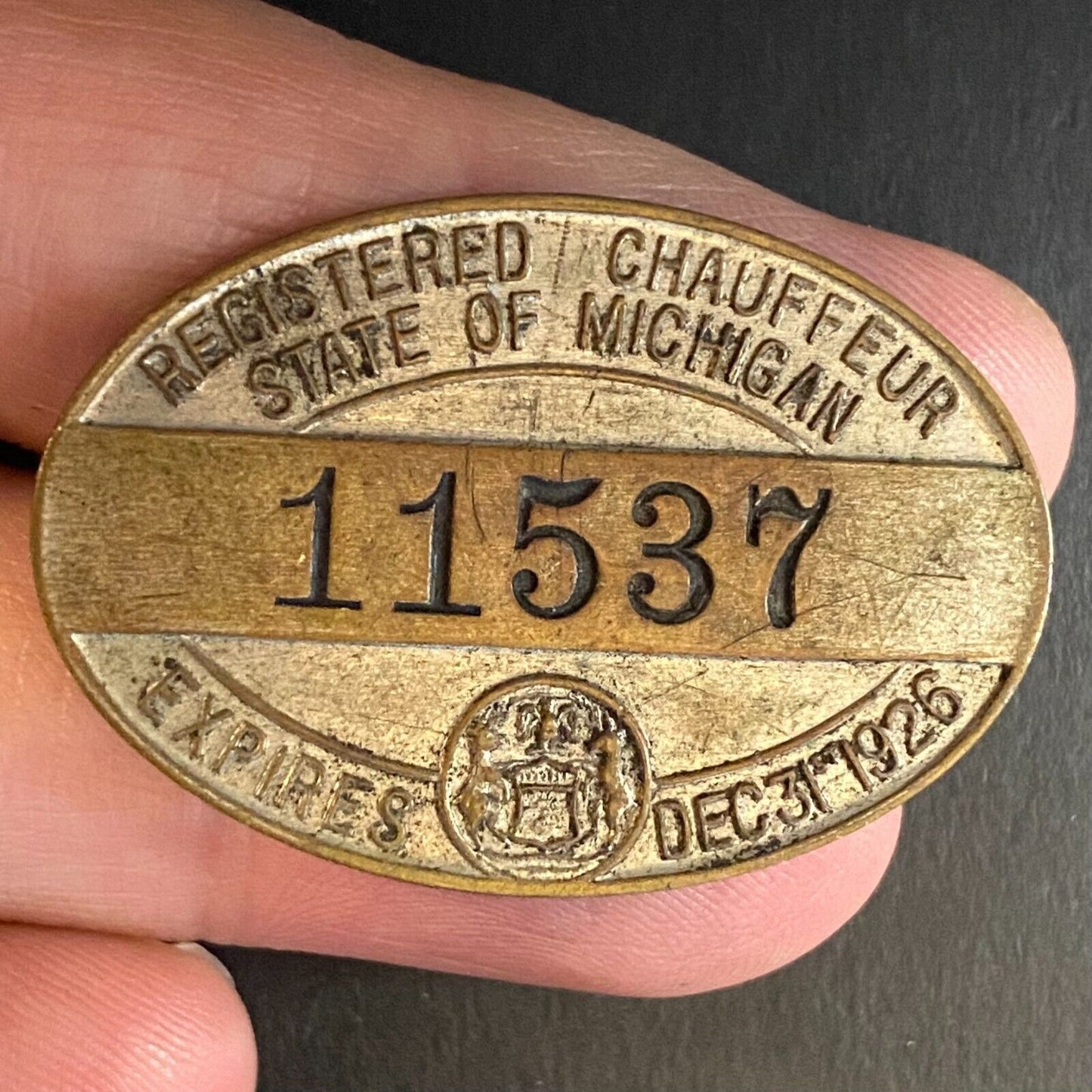 1926 Michigan Registered Chauffeur Badge Metal Pin Back Driver #11537