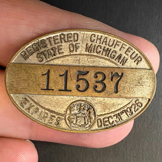 1926 Michigan Registered Chauffeur Badge Metal Pin Back Driver #11537
