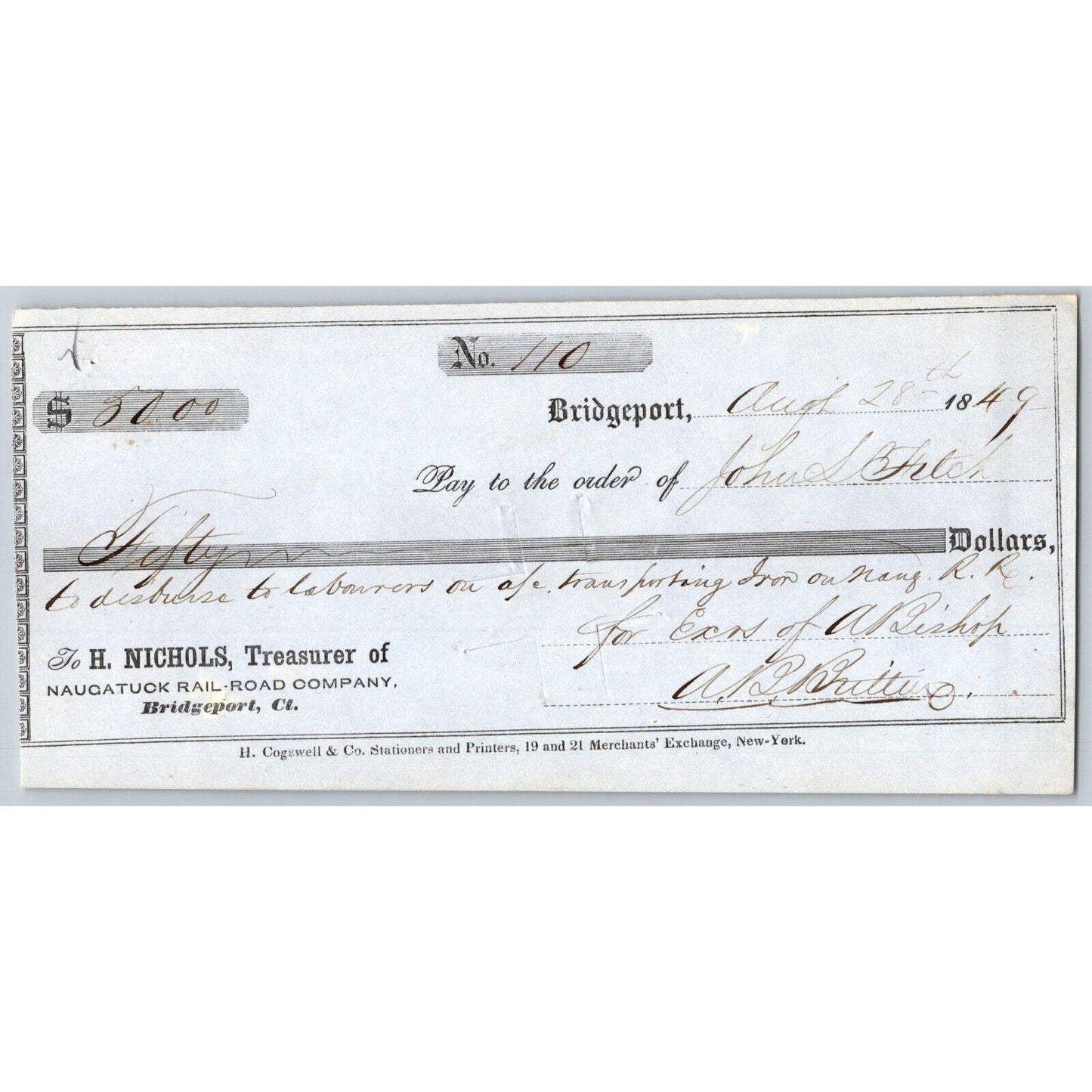 Naugatuck Railroad Co. Bridgeport Connecticut 1849 Check #110 John L Fitch