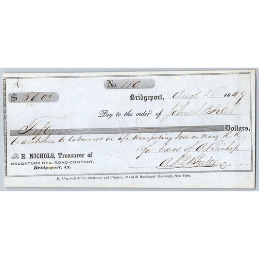 Naugatuck Railroad Co. Bridgeport Connecticut 1849 Check #110 John L Fitch