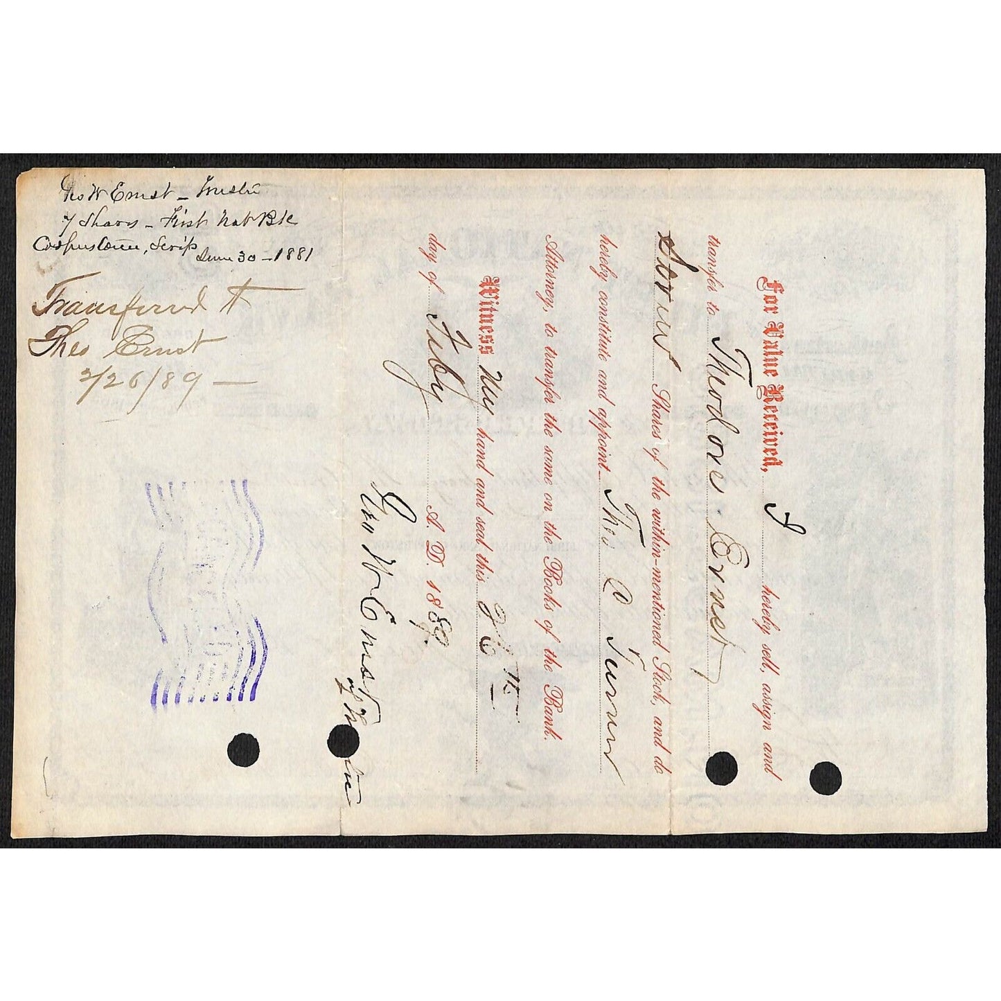 First National Bank of Cooperstown 1881 Stock Certificate George N. Ernst ?