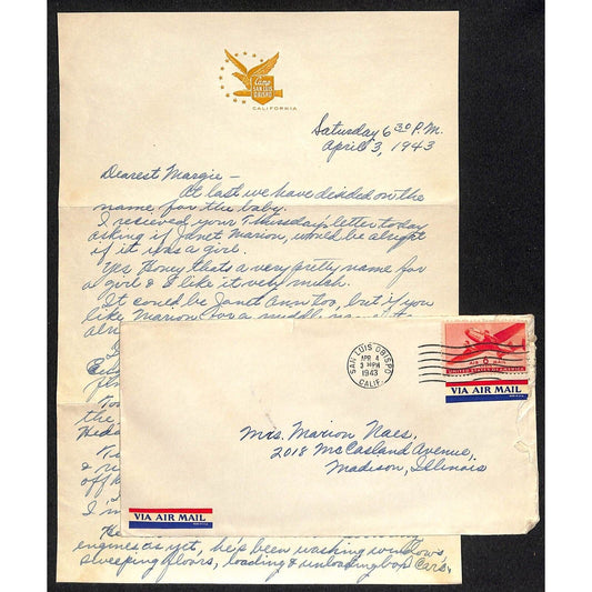 Camp San Luis Obispo California 1943 Military ALS Letter to Wife VGC