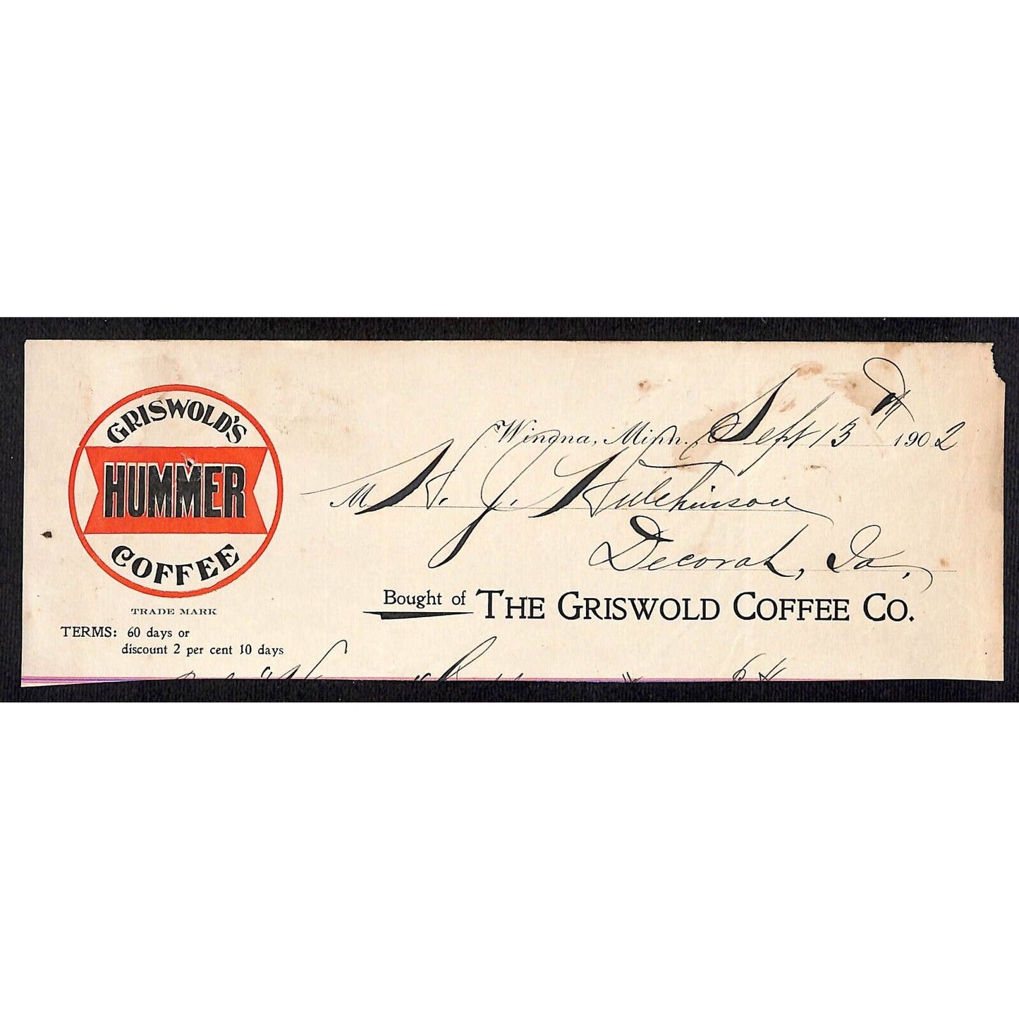 Griswold's Hummer Coffee Winona, MI Hutchinson Decorah IA* Cut 1902 Billhead
