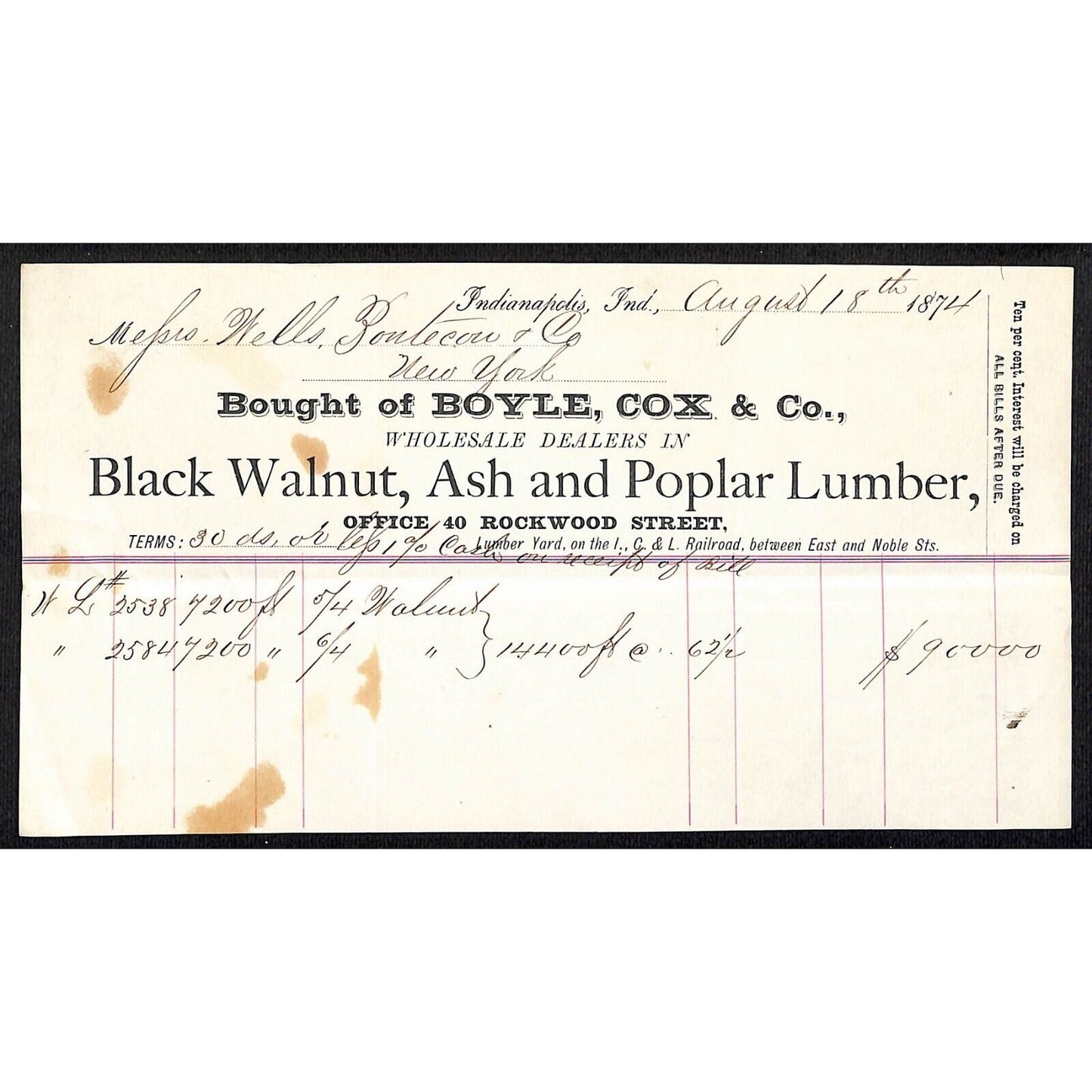 Boyle, Cox & Co. Indianapolis, IN Lumber 1874 Billhead for 14,400 Ft. of Walnut