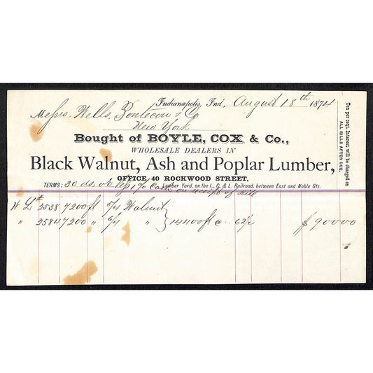Boyle, Cox & Co. Indianapolis, IN Lumber 1874 Billhead for 14,400 Ft. of Walnut