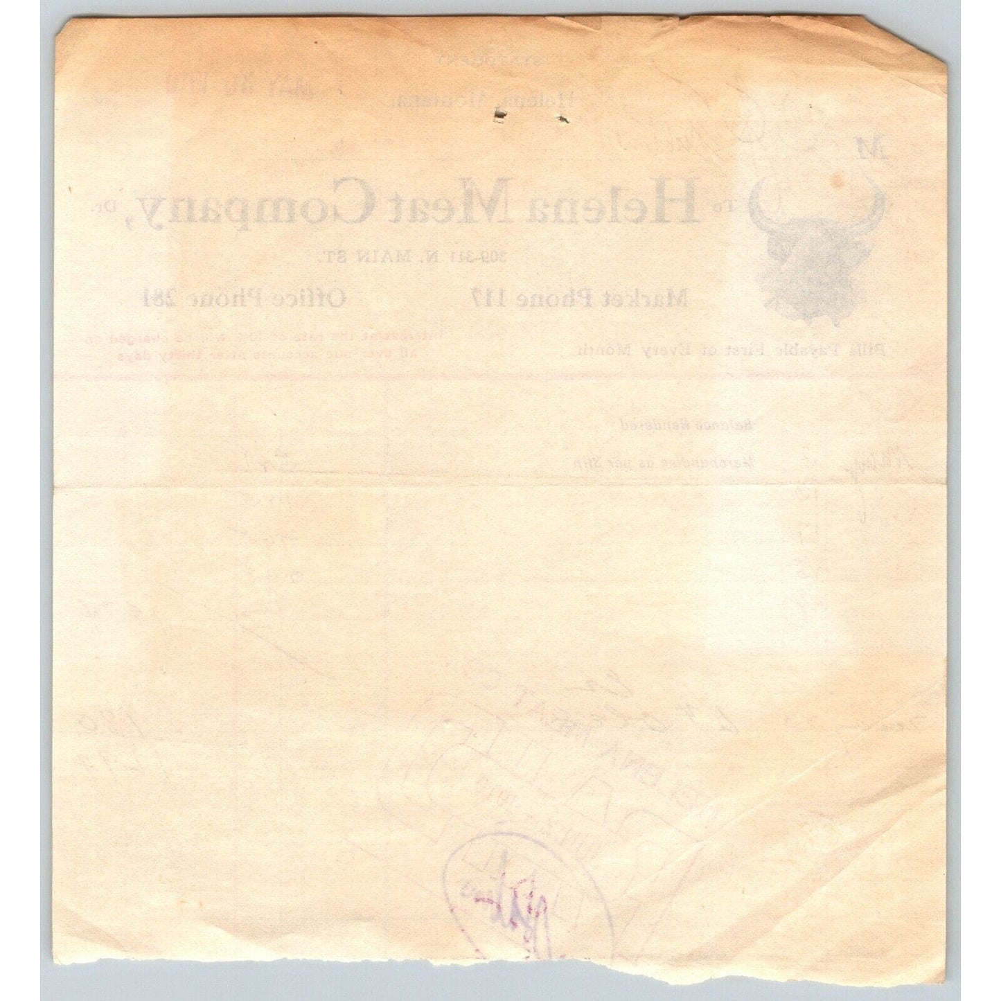 Helena, MT Helena Meat Market May 1910 Billhead w/ Steer Head Vignette