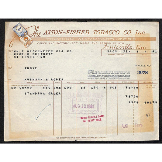 Louisville, KY The Axton-Fisher Tobacco Co Spud Twenty Grand 8/4 1941 Billhead