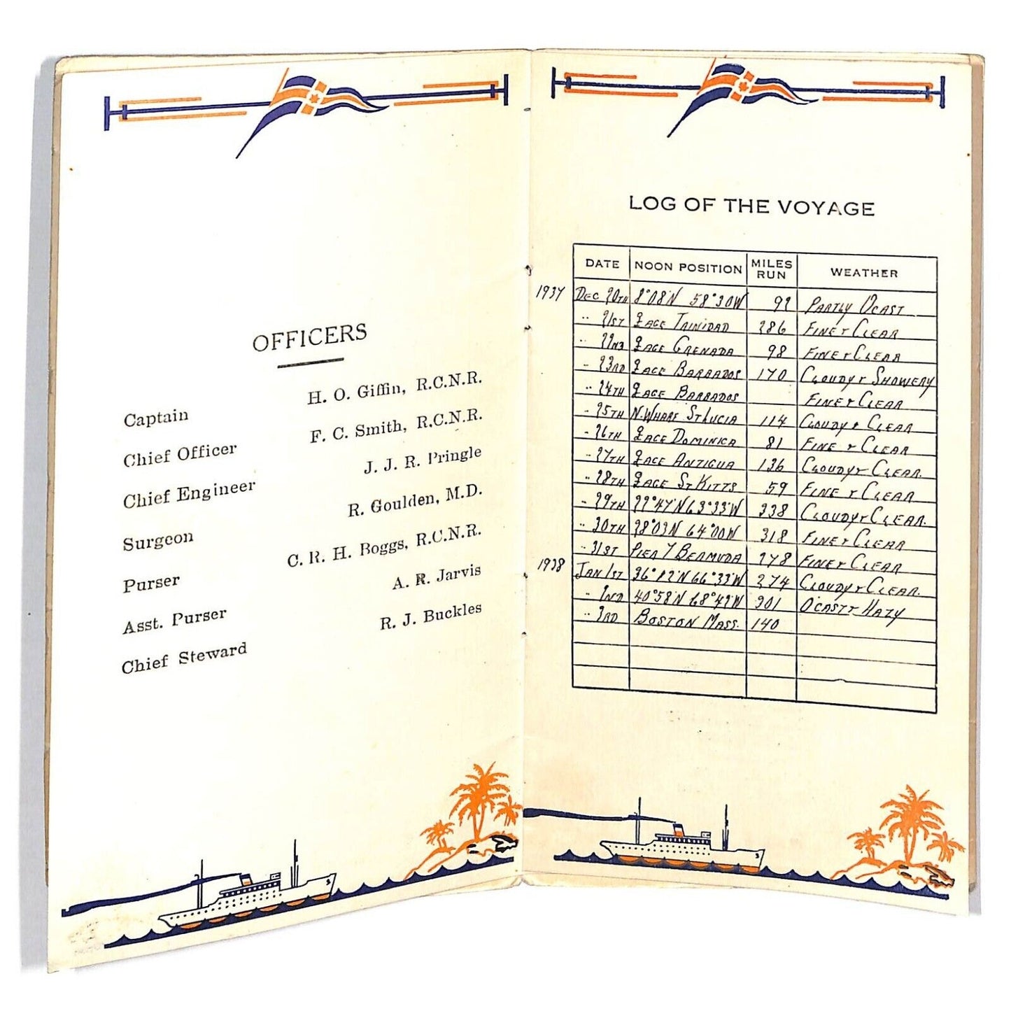 Canadian National Steamships R.M.S. Lady Hawkins 1938 Passenger List Booklet