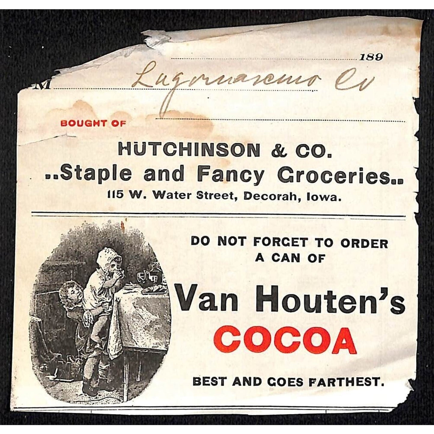 Van Houten's Cocoa Dubuque, IA Hutchinson* c1890's Cut Receipt