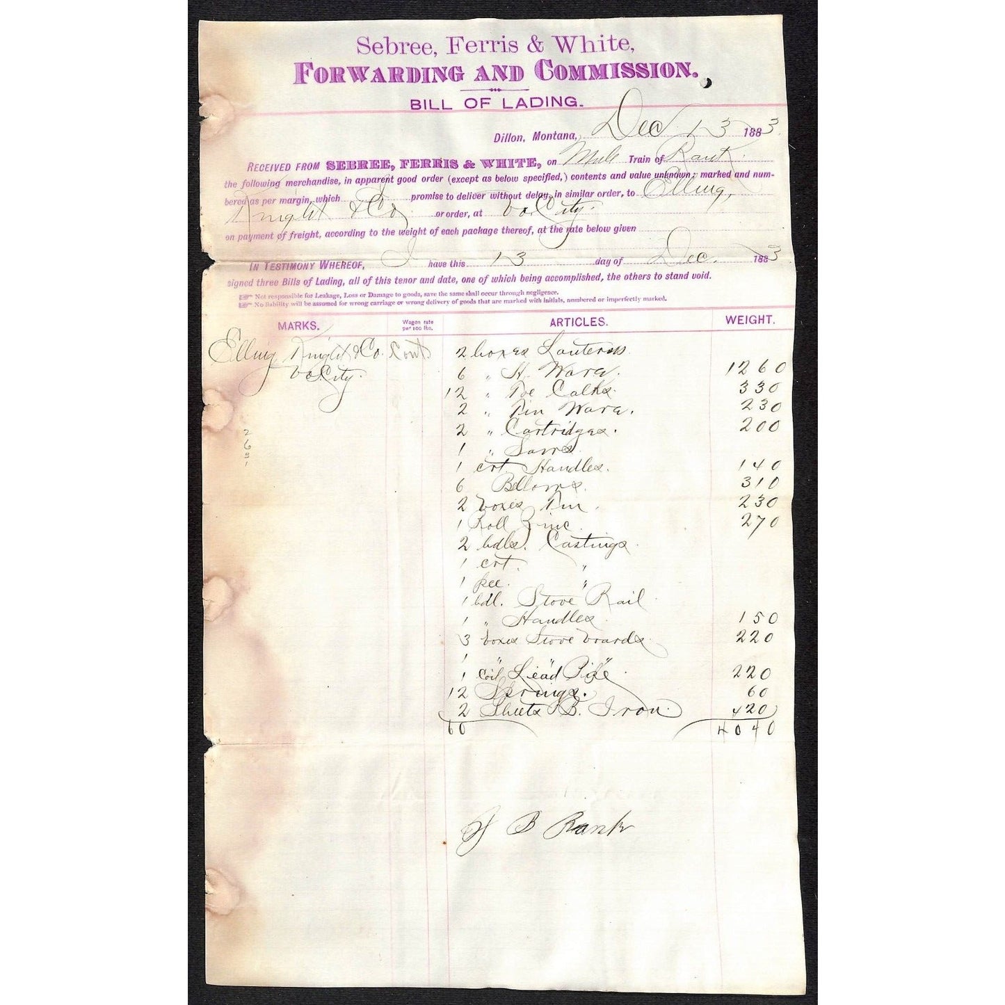 1883 Long Bill of Lading Sebree, Ferris Henry Elling* for Many Items Shipped