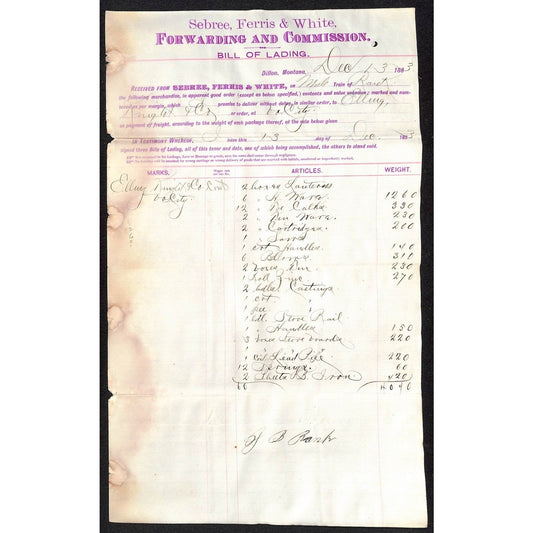 1883 Long Bill of Lading Sebree, Ferris Henry Elling* for Many Items Shipped