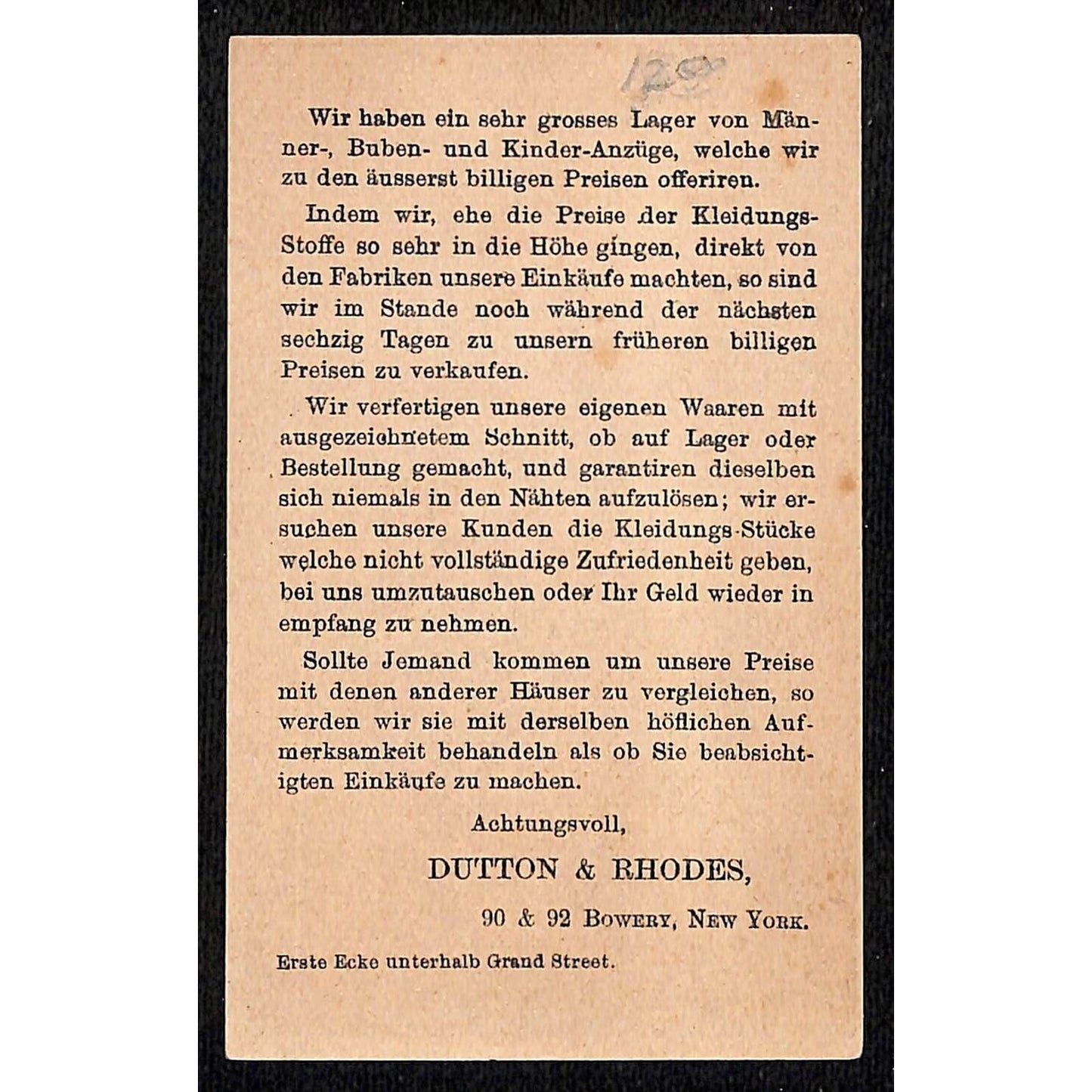Dutton & Rhodes Clothiers Bowery, New York Victorian Trade Card Explorers Flag