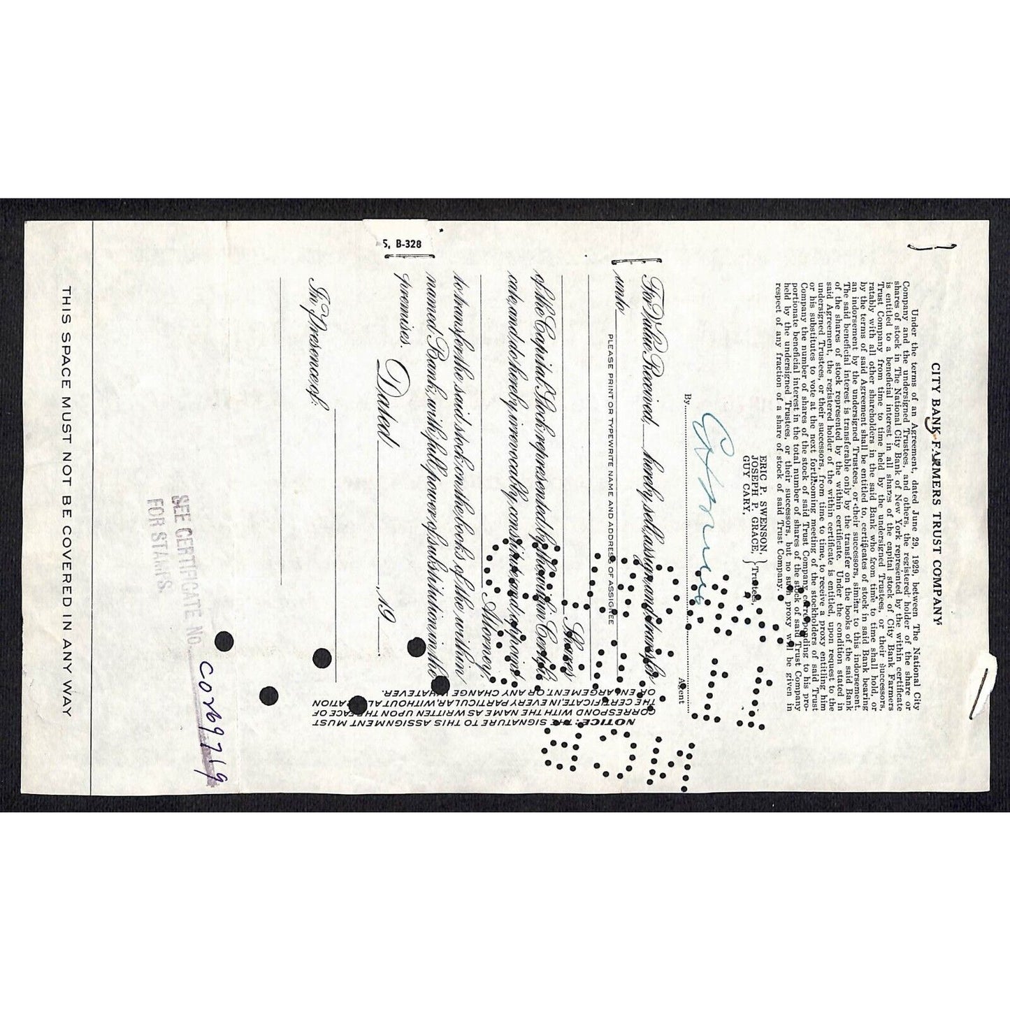 National City Bank of New York 1939 Stock Certificate Harry A. Kuljian