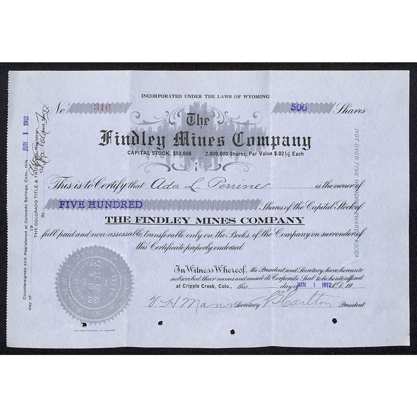 Findley Mines Co. 1912 Cripple Creek Stock Certificate w/ L.G. Carlton Sig. #316