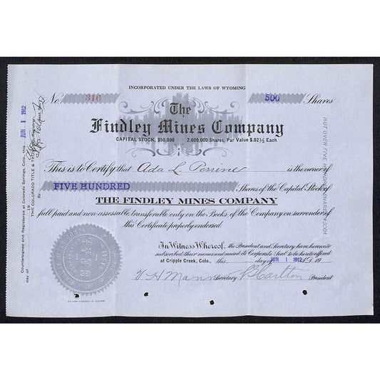 Findley Mines Co. 1912 Cripple Creek Stock Certificate w/ L.G. Carlton Sig. #316