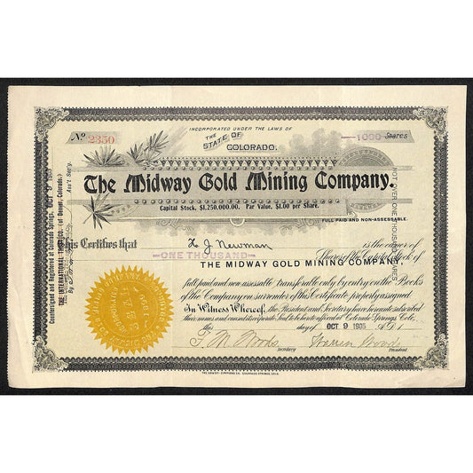Midway Gold Mining Co. 1905 Stock Certificate w/ Warren Woods Sig. #2350