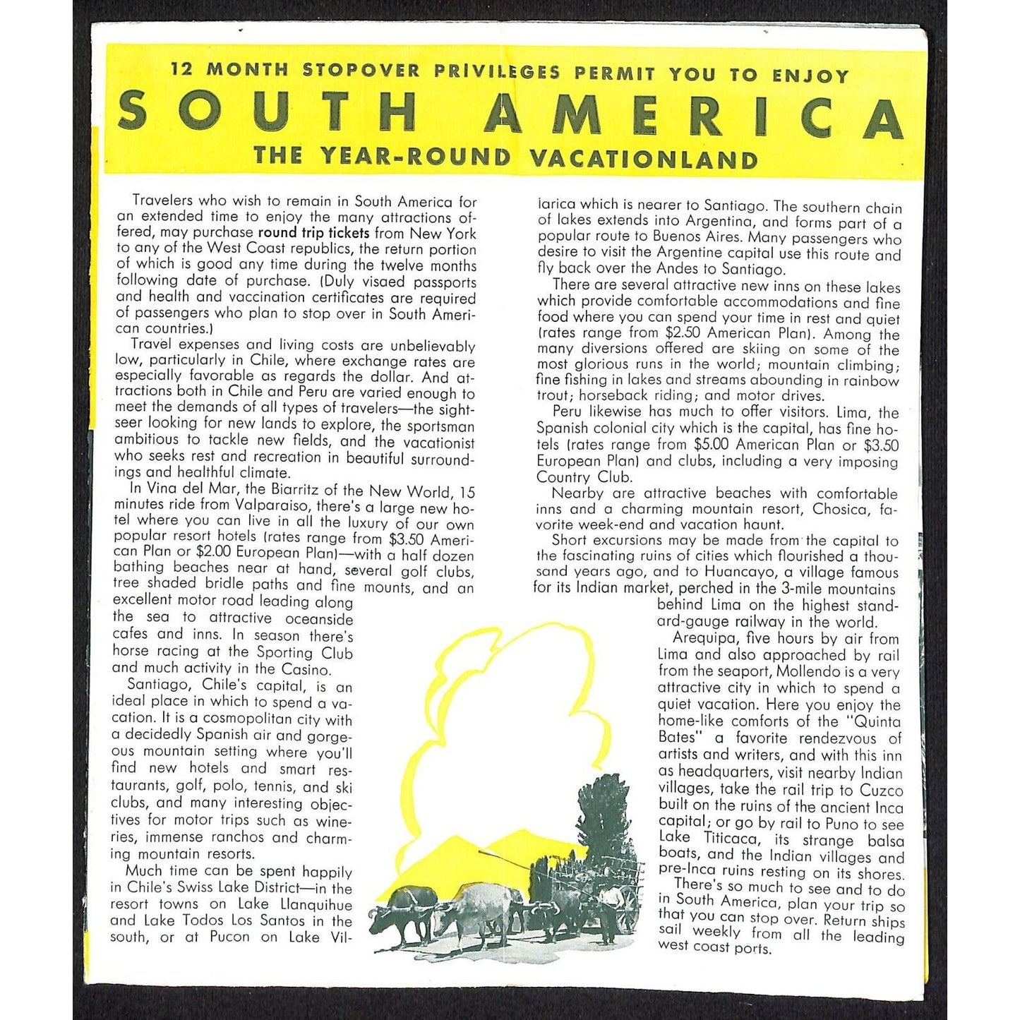 Grace Line Ocean Liner 38 Day Cruises to Chile 1938 Fold Out 16" x 28" Brochure