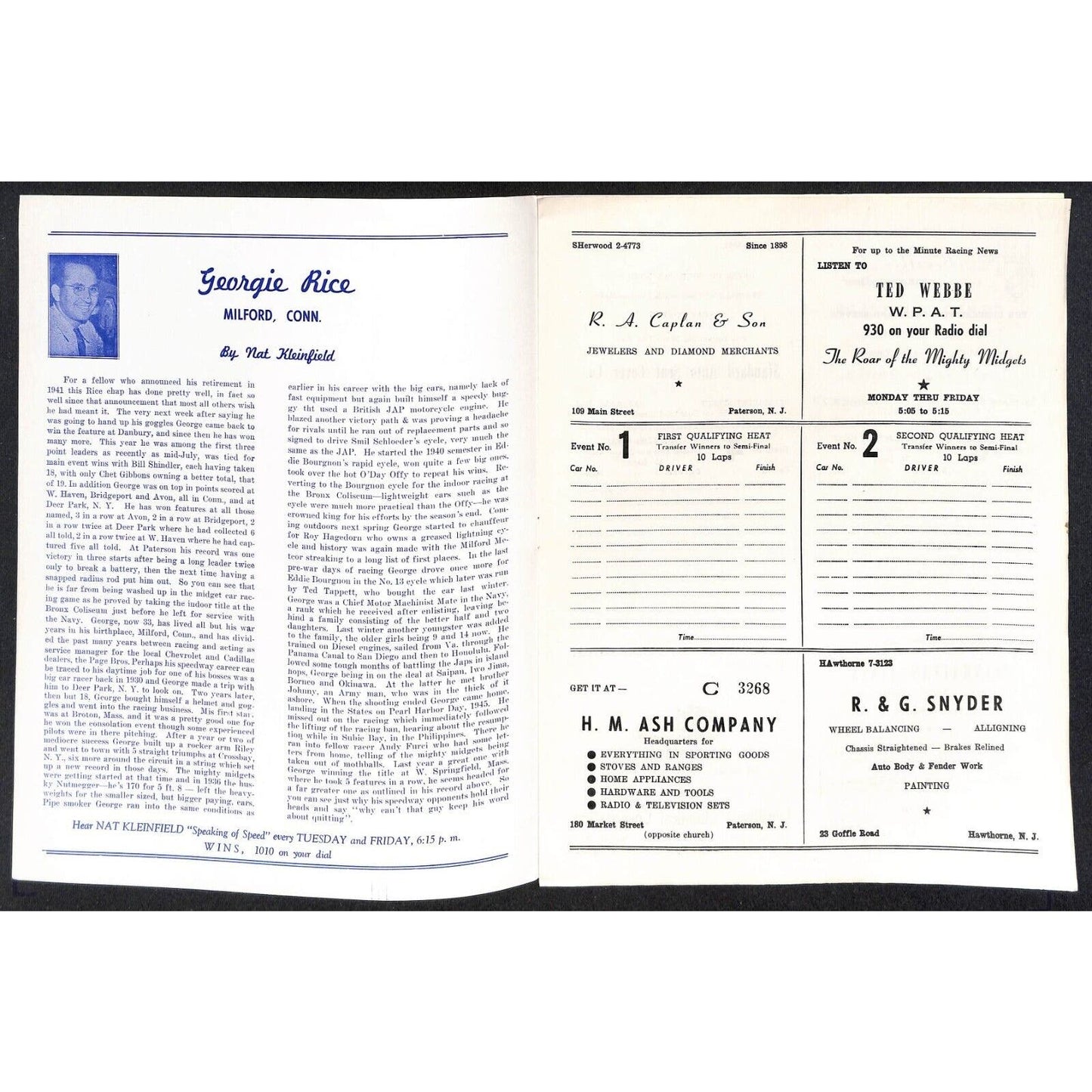 Hinchliffe Stadium Midget Auto Races 8/16 1947 Program Georgie Rice 4pp VGC