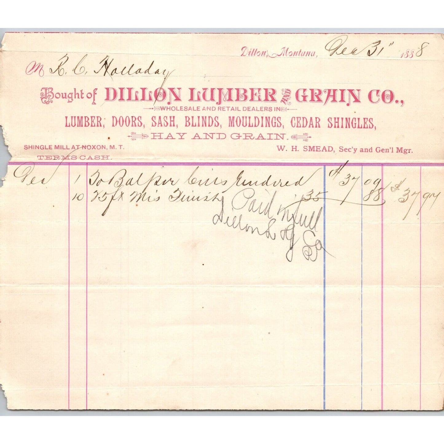 Dillon, MT Dillon Lumber & Grain Co. Doors Sash 1888 Billhead R.C. Halliday*