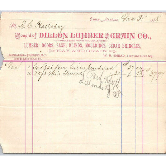 Dillon, MT Dillon Lumber & Grain Co. Doors Sash 1888 Billhead R.C. Halliday*