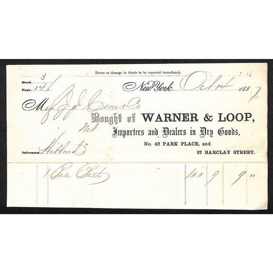 Warner & Loop Dry Goods NYC 1857 J.J. Cover, Johnsville, OH* Billhead Scarce