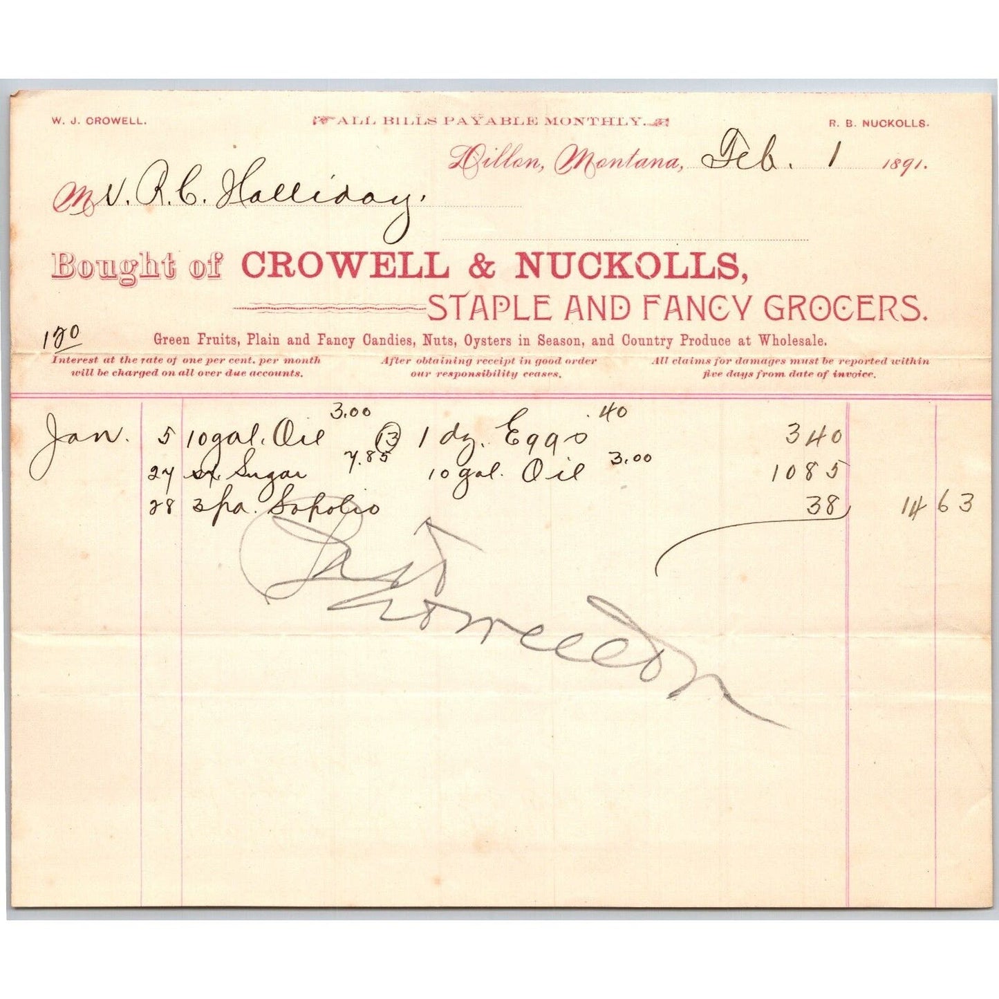 Dillon MT Crowell & Nuckolls Feb. 1891 Billhead Fancy Groceries R.C. Halliday*