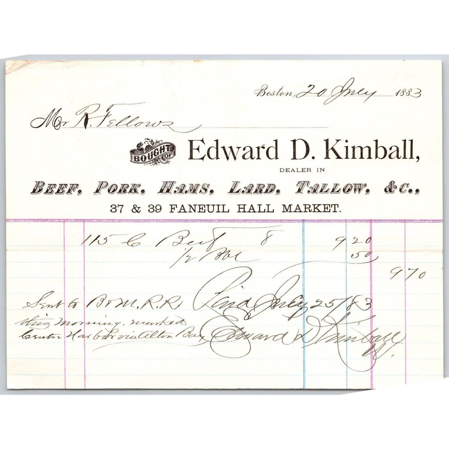 Edward D. Kimball Beef Pork Tallow Lard Boston, MA 1883 Billhead VGC