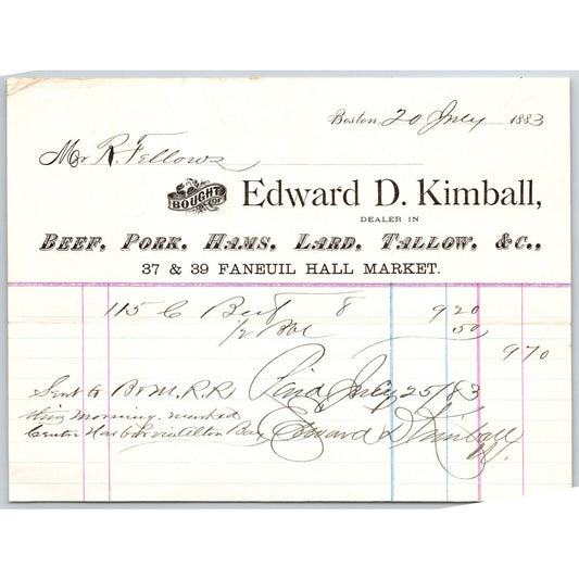 Edward D. Kimball Beef Pork Tallow Lard Boston, MA 1883 Billhead VGC