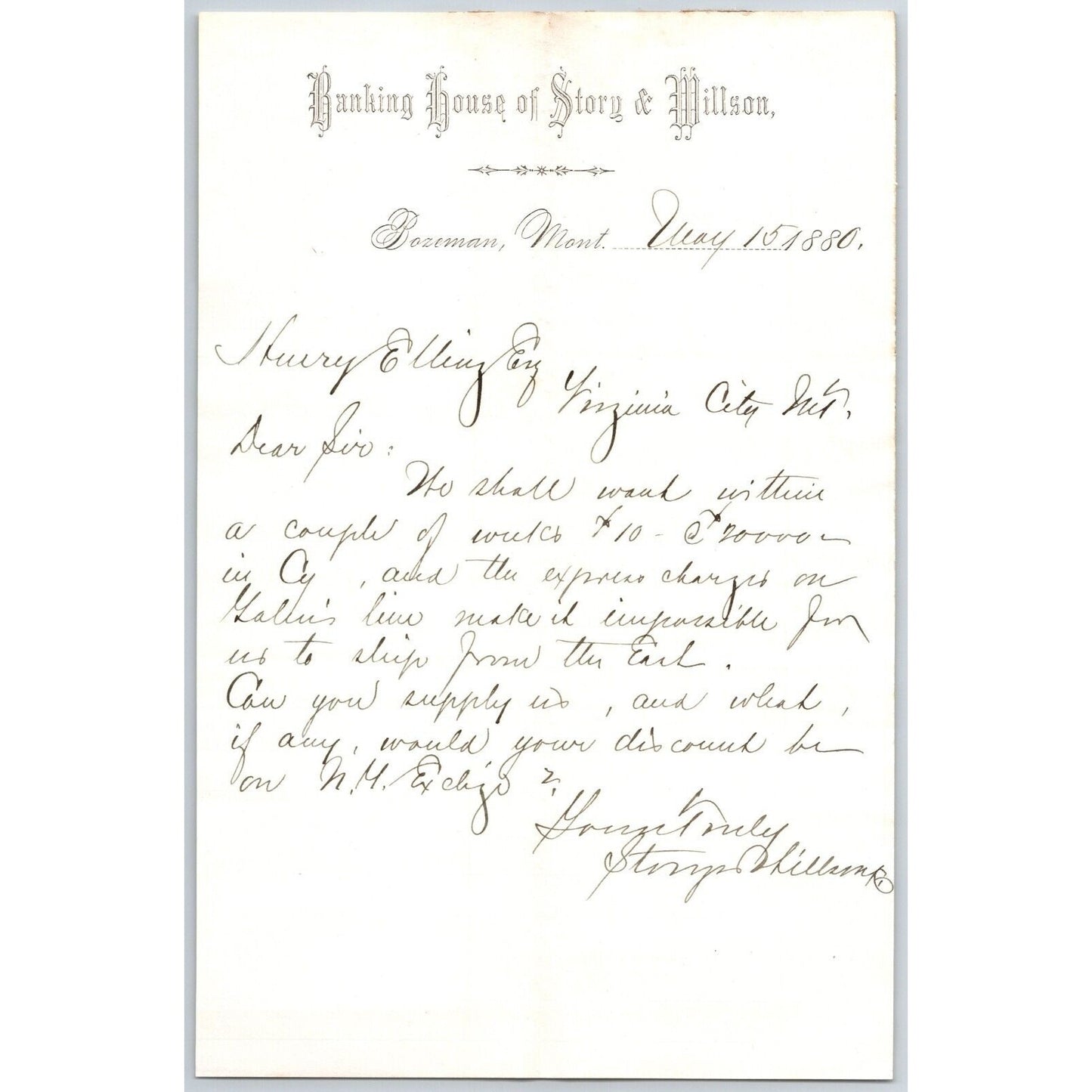 Banking House of Story & Nelson Bozeman, MT 5/15 1880 Letterhead Henry Elling*