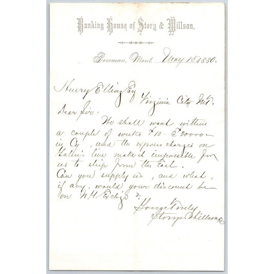 Banking House of Story & Nelson Bozeman, MT 5/15 1880 Letterhead Henry Elling*