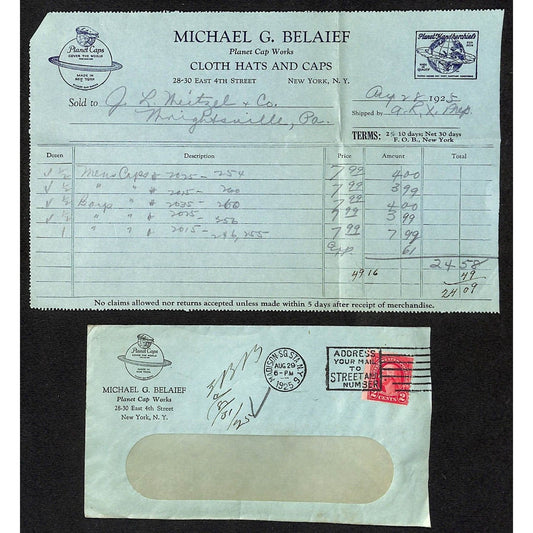 Michael G. Belaief Cloth Hats Planet Caps 4th Street NYC 1925 Billhead + Cover