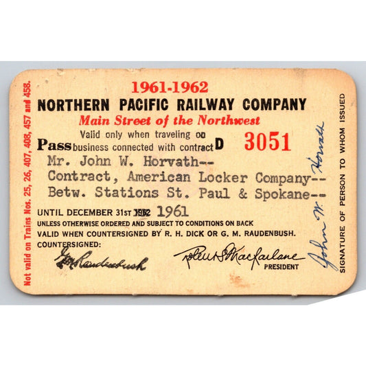 Northern Pacific Railway 1961-62 Yearly Train Pass #3051